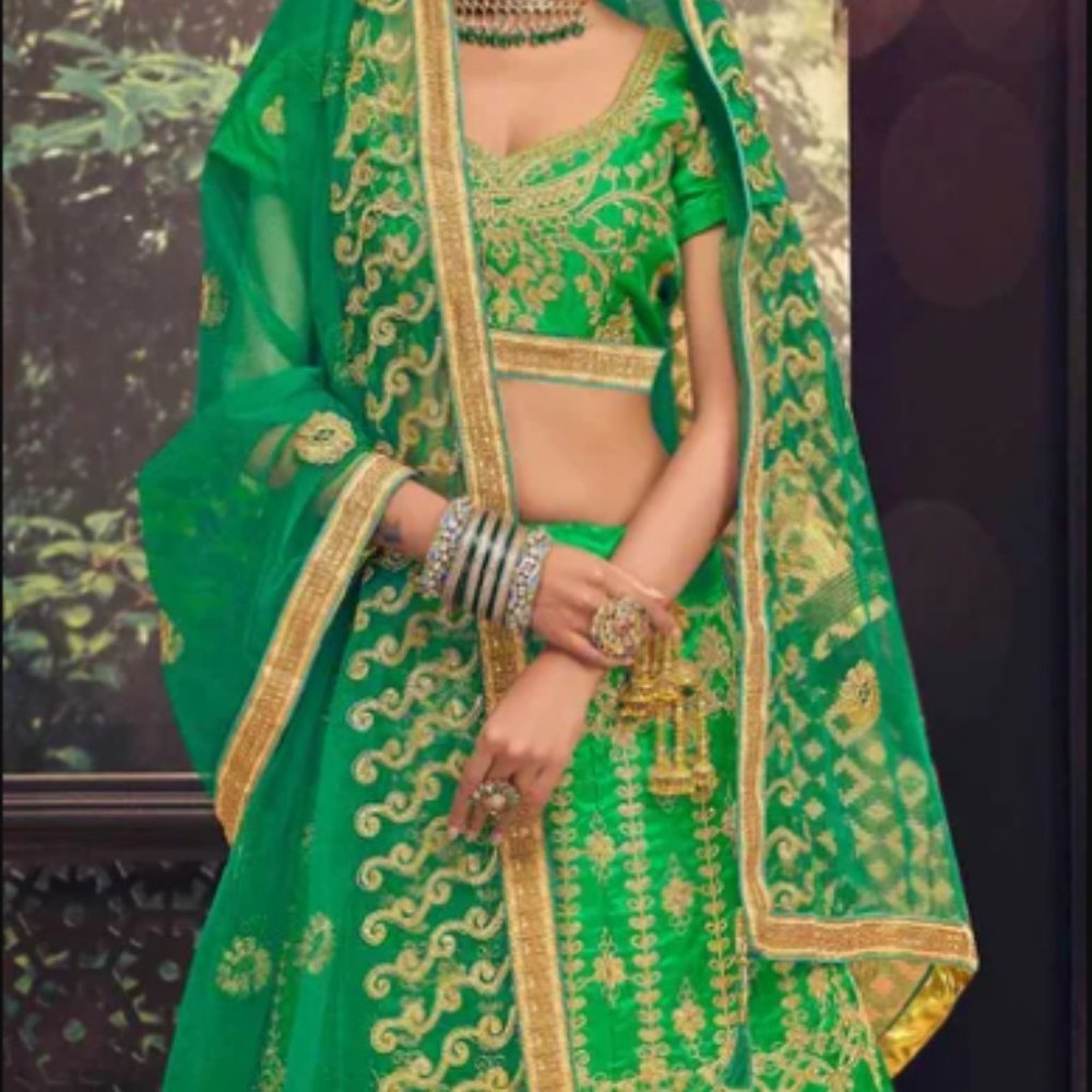 Bangalore Silk Festive Lehenga in Green with Stone work